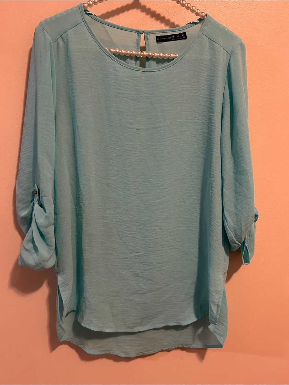 Atmosphere Mint Blue Roll Tab Sleeve Blouse Size 6